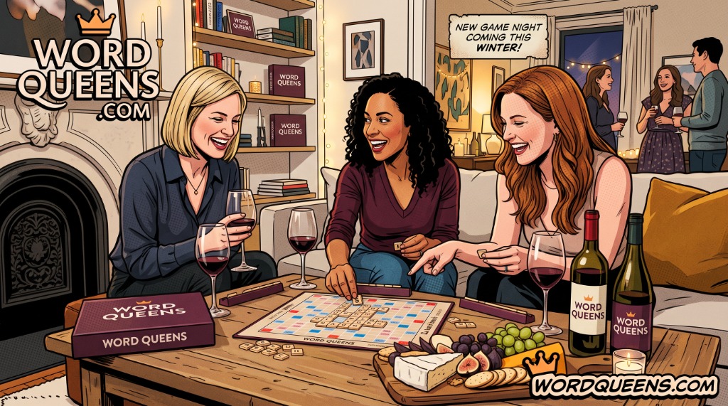 Word Queens Game Night Artwork - Women playing Word Queens board game during game night